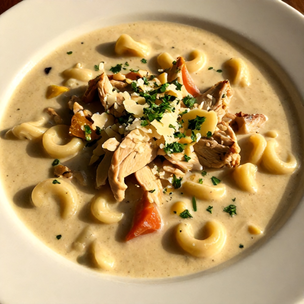 Plated Creamy Crock Pot Chicken Parmesan Soup with Tortellini