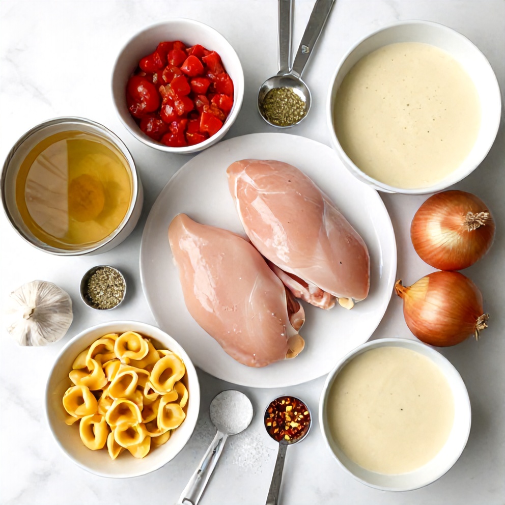Raw ingredients for Creamy Crock Pot Chicken Parmesan Soup with Tortellini