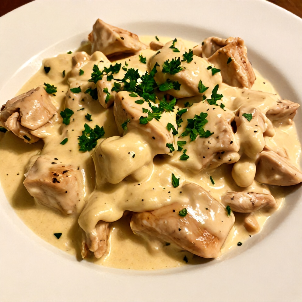 Plated serving of creamy crockpot marry me chicken, garnished with fresh parsley, on a white plate.