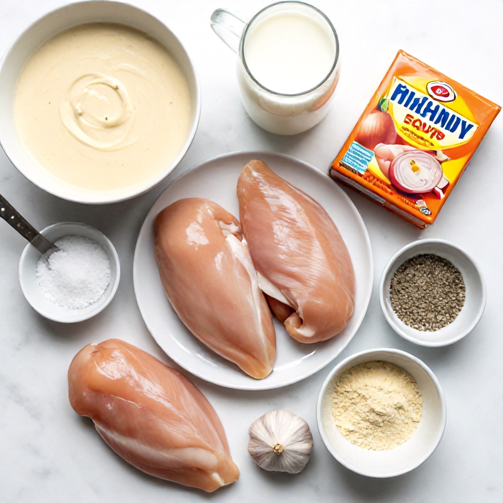 Overhead flat lay of raw ingredients: chicken breasts, cream of chicken soup, milk, onion soup mix, etc.