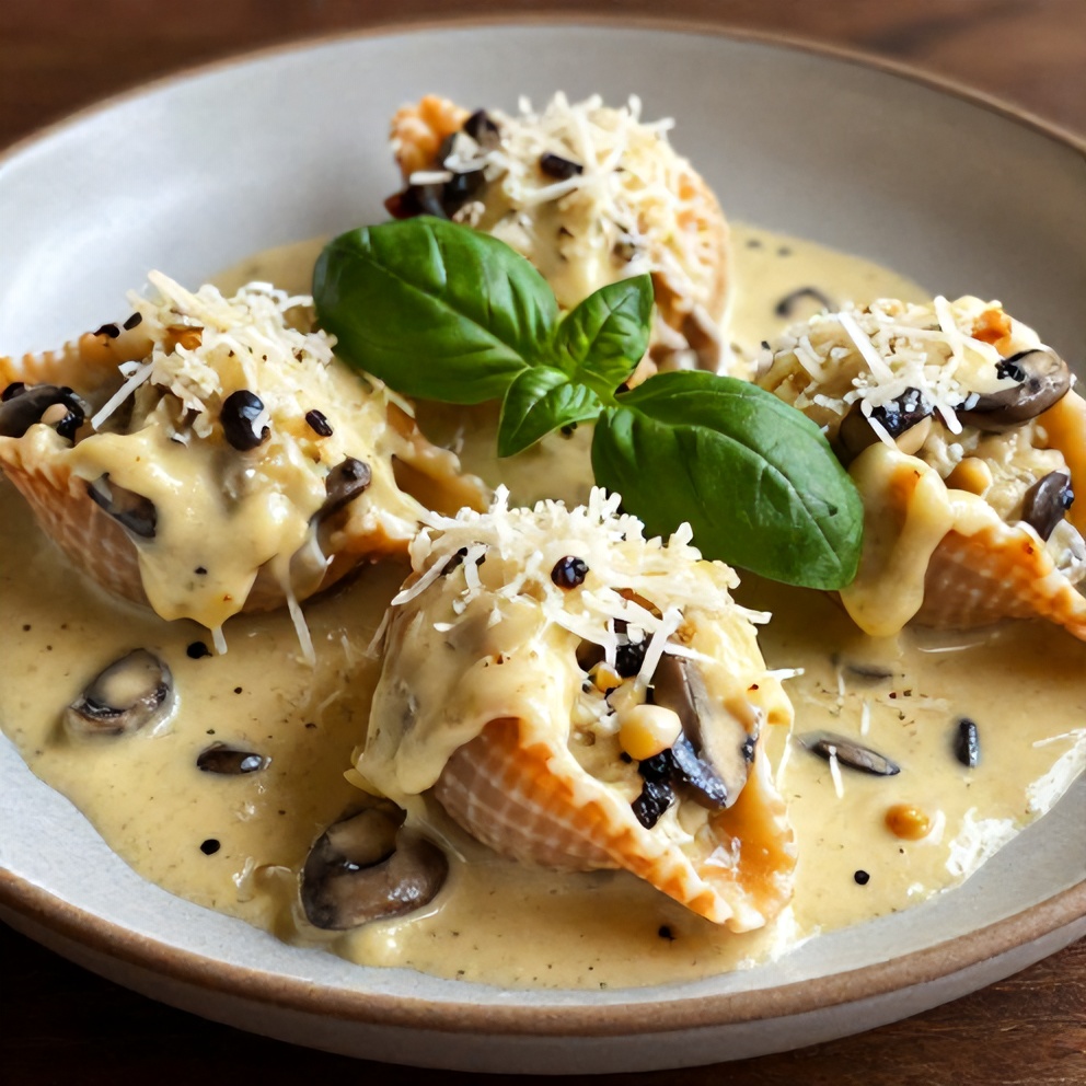 A plated serving of Creamy Garlic Mushroom Stuffed Shells