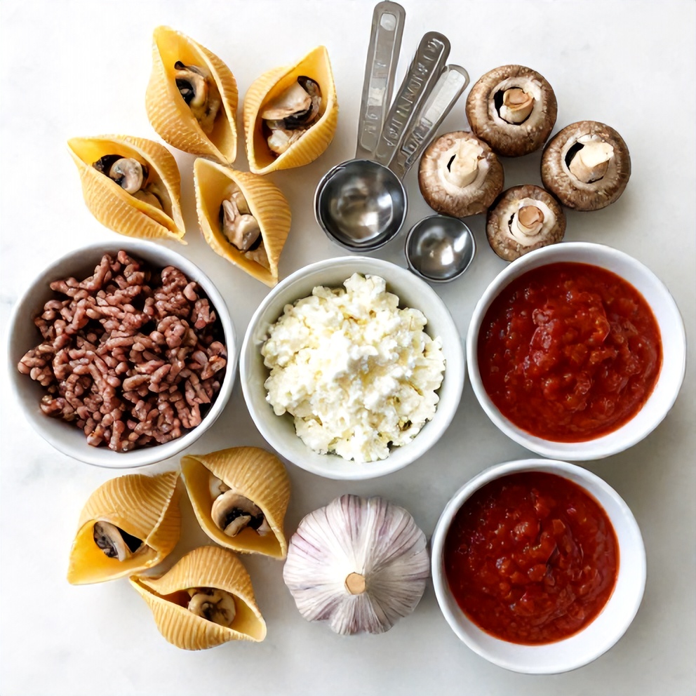 Raw ingredients for Creamy Garlic Mushroom Stuffed Shells laid out
