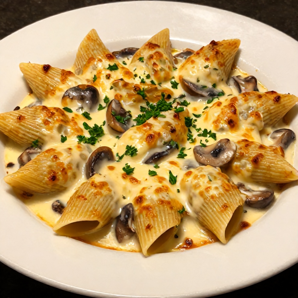Plated Creamy Garlic Mushroom Stuffed Shells with parsley garnish