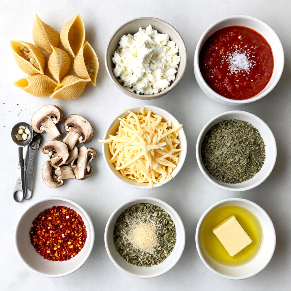 Ingredients for Creamy Garlic Mushroom Stuffed Shells on a marble counter