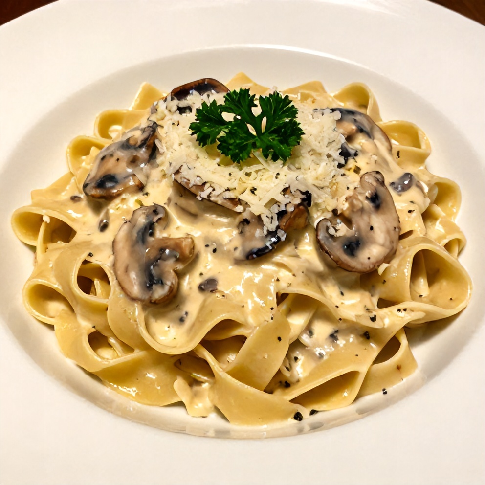 Plated Creamy Gorgonzola Truffle Mushroom Sauce Pasta