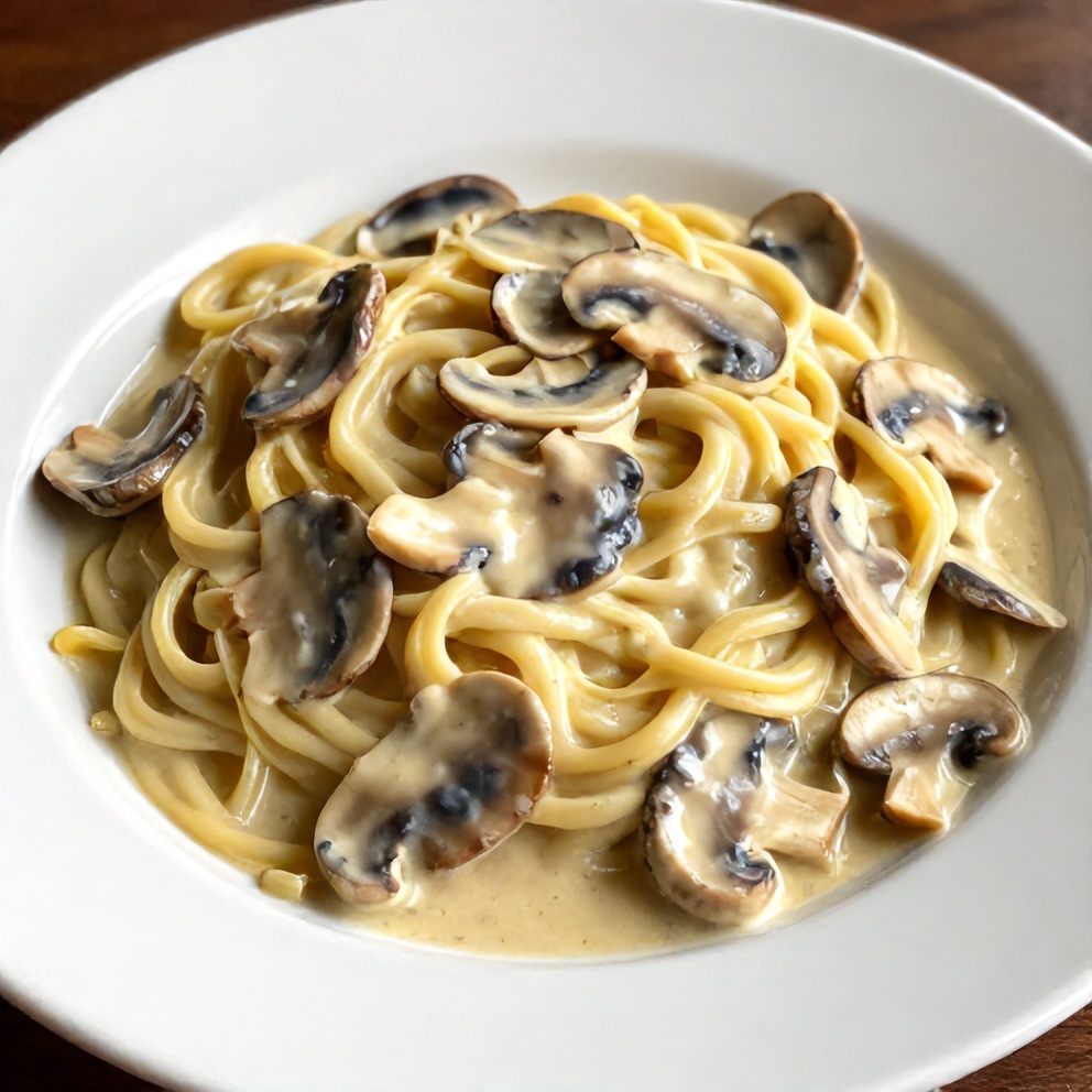 One perfect plated serving of creamy Italian mushroom carbonara, with a close crop and warm side lighting showing the texture, and a dark wooden surface barely visible at the edges.