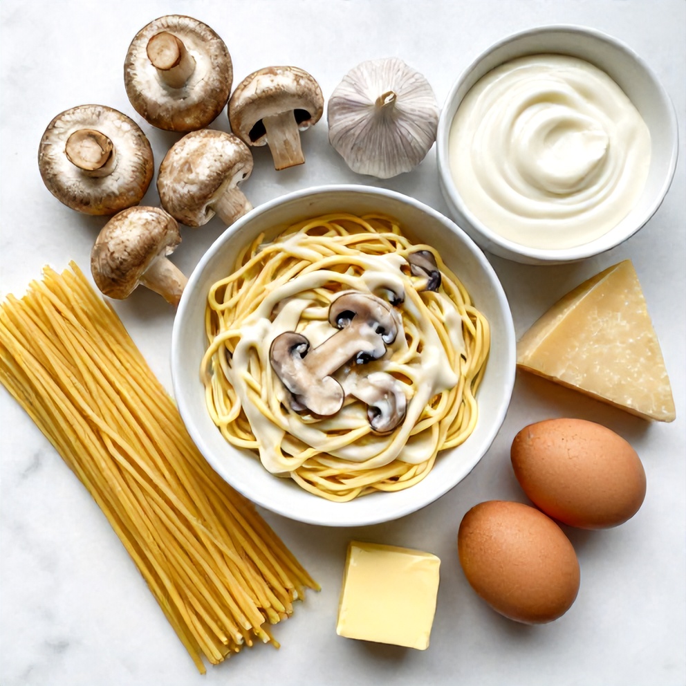Overhead flat lay of raw ingredients for creamy Italian mushroom carbonara, including mushrooms, garlic, pasta, heavy cream, Parmesan cheese, eggs, and butter, arranged on a white marble surface with bright even light.