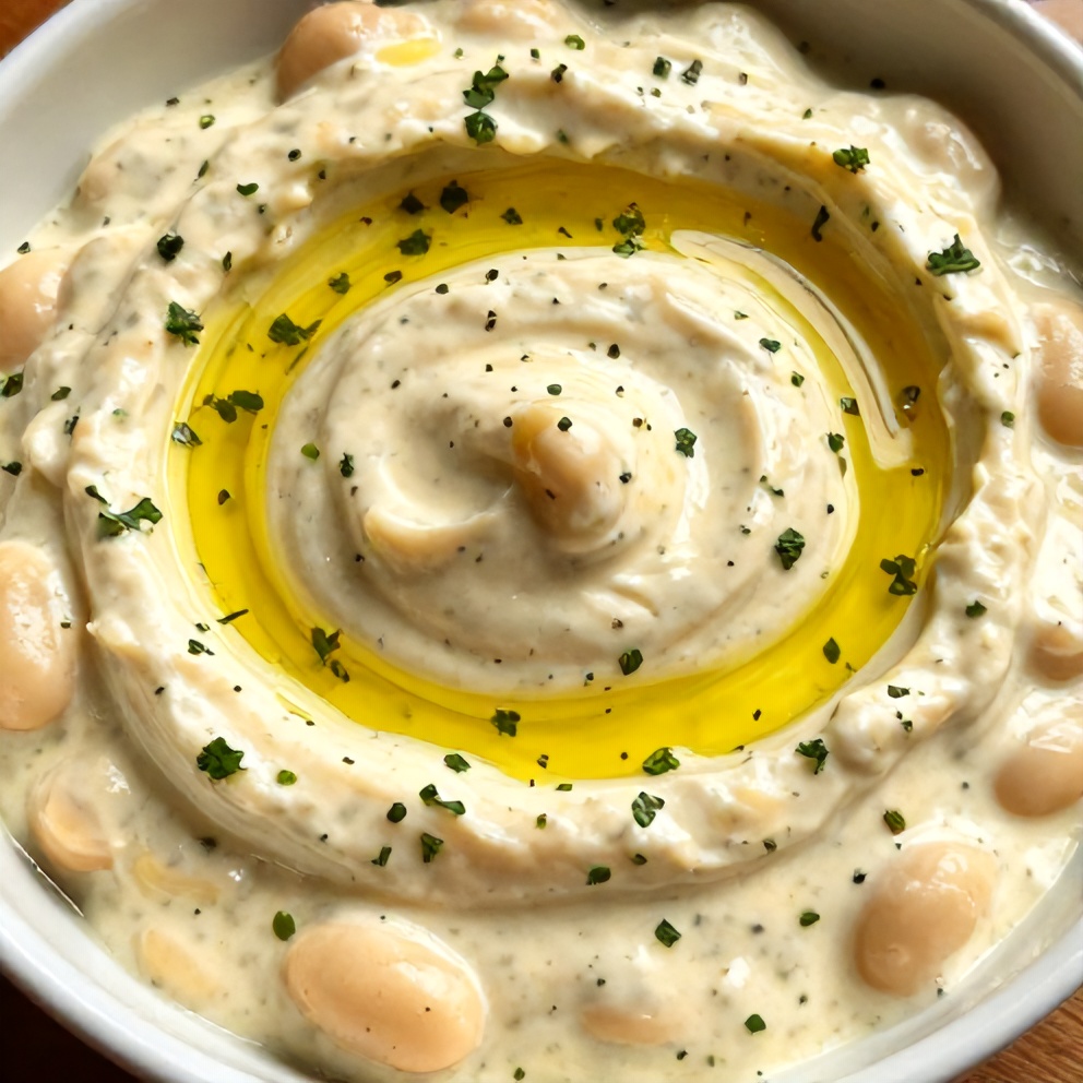 Creamy Lemon Herb White Bean Dip served in a bowl with a drizzle of olive oil and fresh herbs