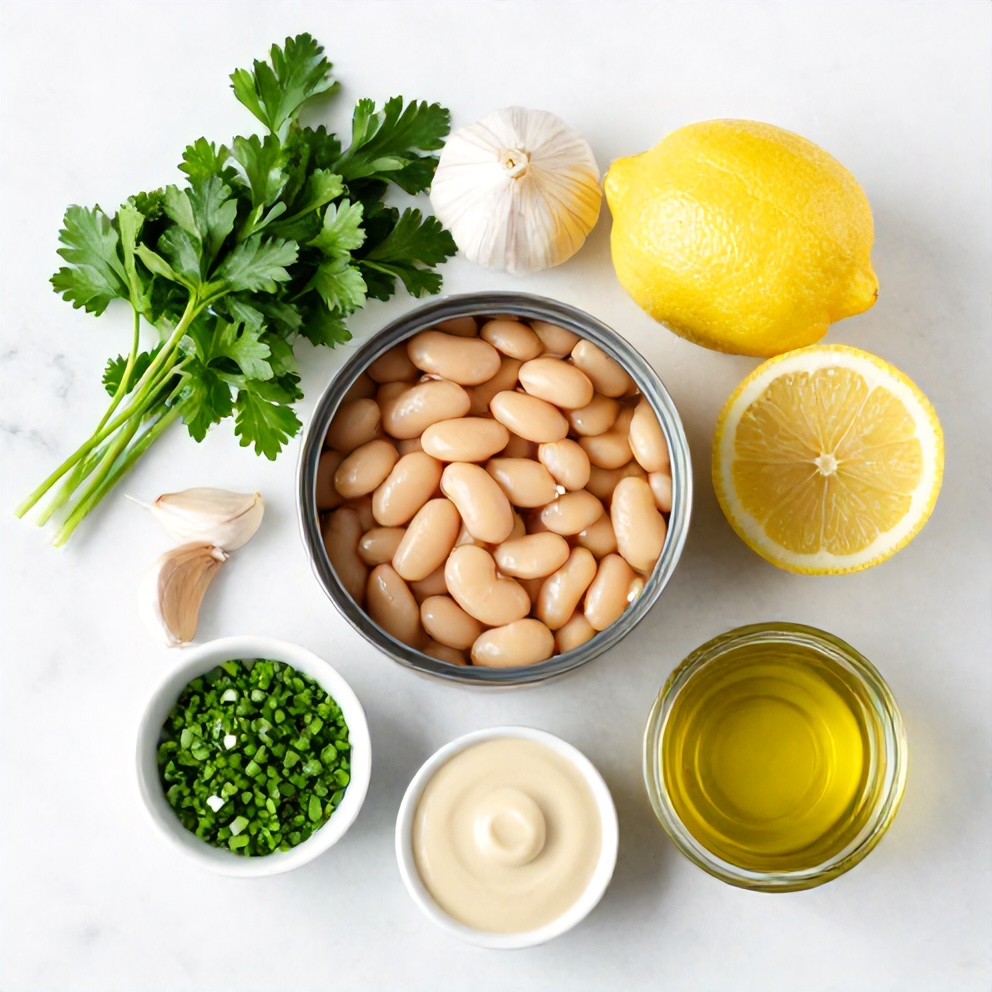 Canned white beans, garlic, lemon, fresh herbs, tahini, and olive oil arranged on a white marble surface