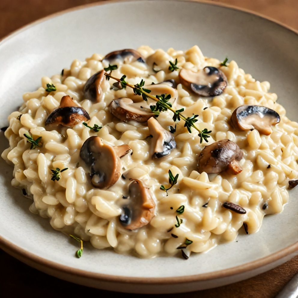Plated serving of Creamy Mushroom Risotto on a rustic plate, garnished with fresh thyme