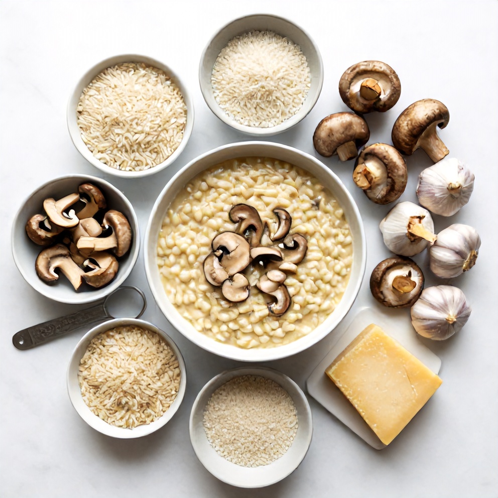 Raw ingredients for Creamy Mushroom Risotto arranged in an overhead flat lay, including Arborio rice, mushrooms, garlic, and Parmesan cheese