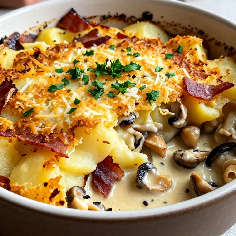 One perfect serving of Creamy Pancetta and Porcini Potato Gratin plated on a rustic dish, garnished with fresh parsley, showing crispy cheese topping and creamy potato layers.