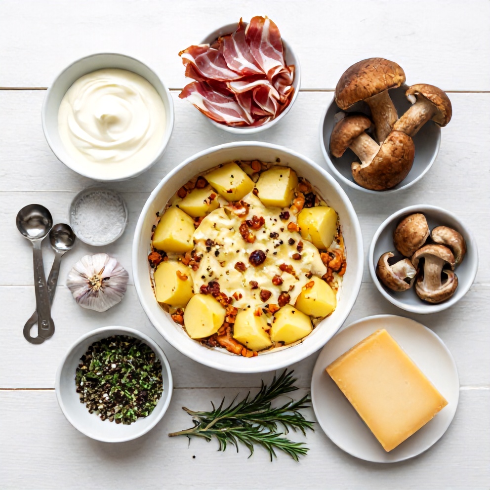 Overhead flat lay of raw ingredients for Creamy Pancetta and Porcini Potato Gratin, including potatoes, pancetta, porcini mushrooms, heavy cream, and garlic.
