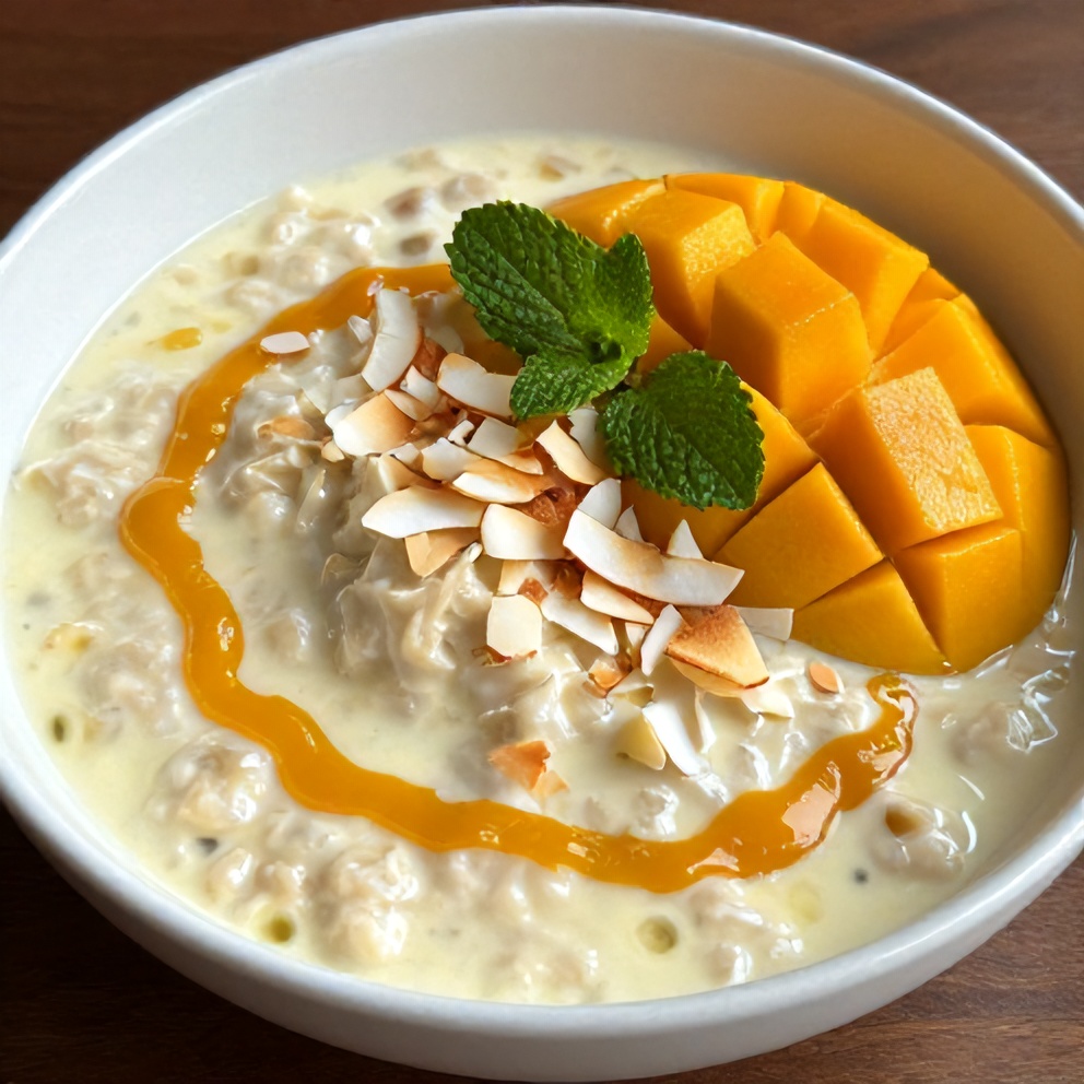 Creamy Pandan Coconut Overnight Oats with Mango Drizzle