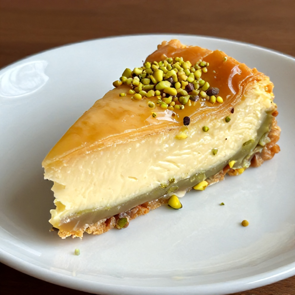 One perfect plated serving of the finished Pistachio Baklava Cheesecake on a white dessert plate, garnished with chopped pistachios
