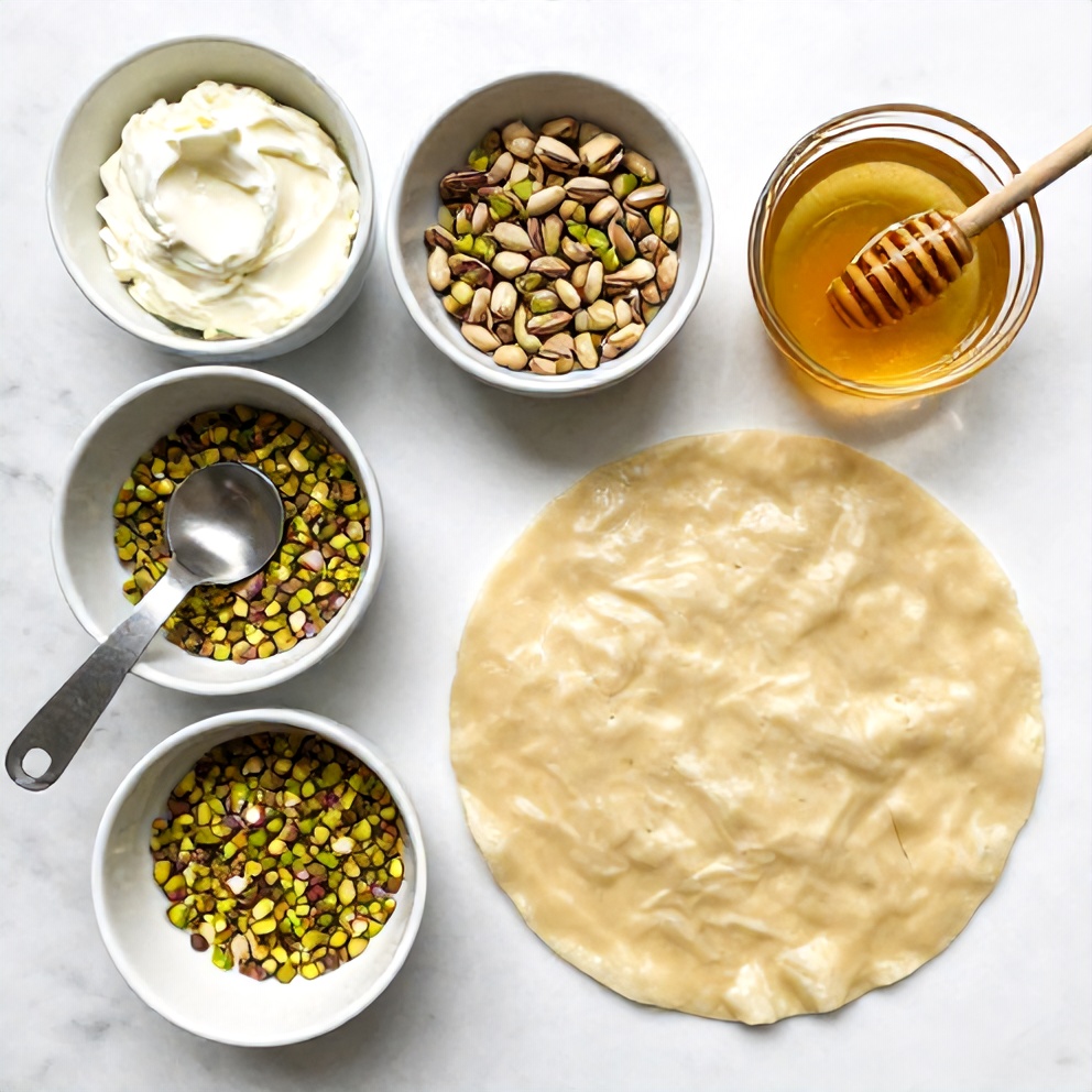 Overhead flat lay of raw ingredients including cream cheese, pistachios, phyllo dough, and honey, arranged on a white marble surface