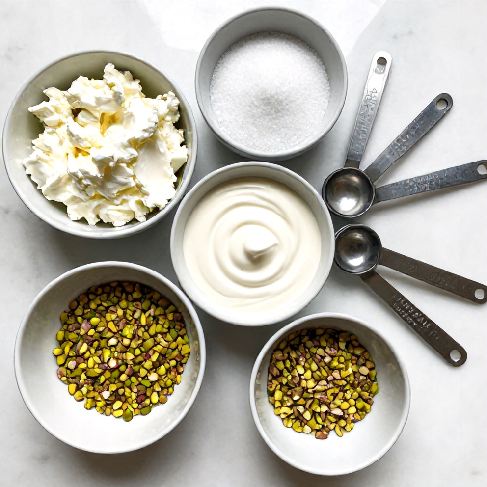 Raw Ingredients for Creamy Pistachio Cheesecake