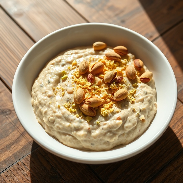 Creamy pistachio overnight oats served in a white ceramic bowl, topped with whole roasted pistachios and a light dusting of crushed pistachios, soft natural side lighting highlighting creamy texture and nut crunch, rustic wooden table background
