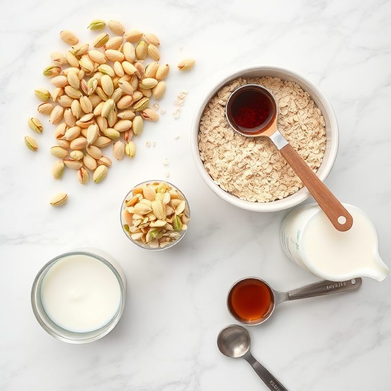 Overhead flat lay of raw ingredients: shelled unsalted pistachios, rolled oats, Greek yogurt, almond milk, maple syrup, small prep bowl with crushed pistachios, measuring cup with almond milk, spoon with maple syrup, small jar of vanilla extract, white marble surface