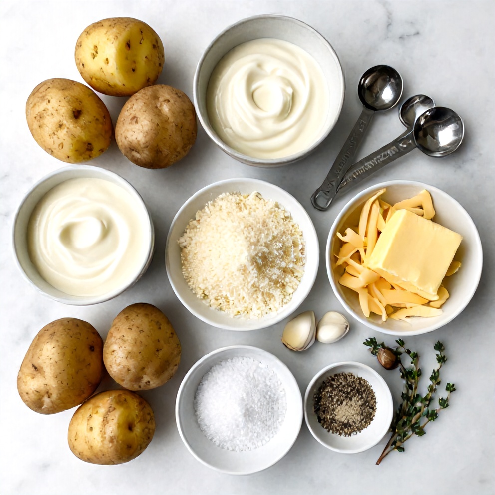 Raw ingredients for creamy potato gratin