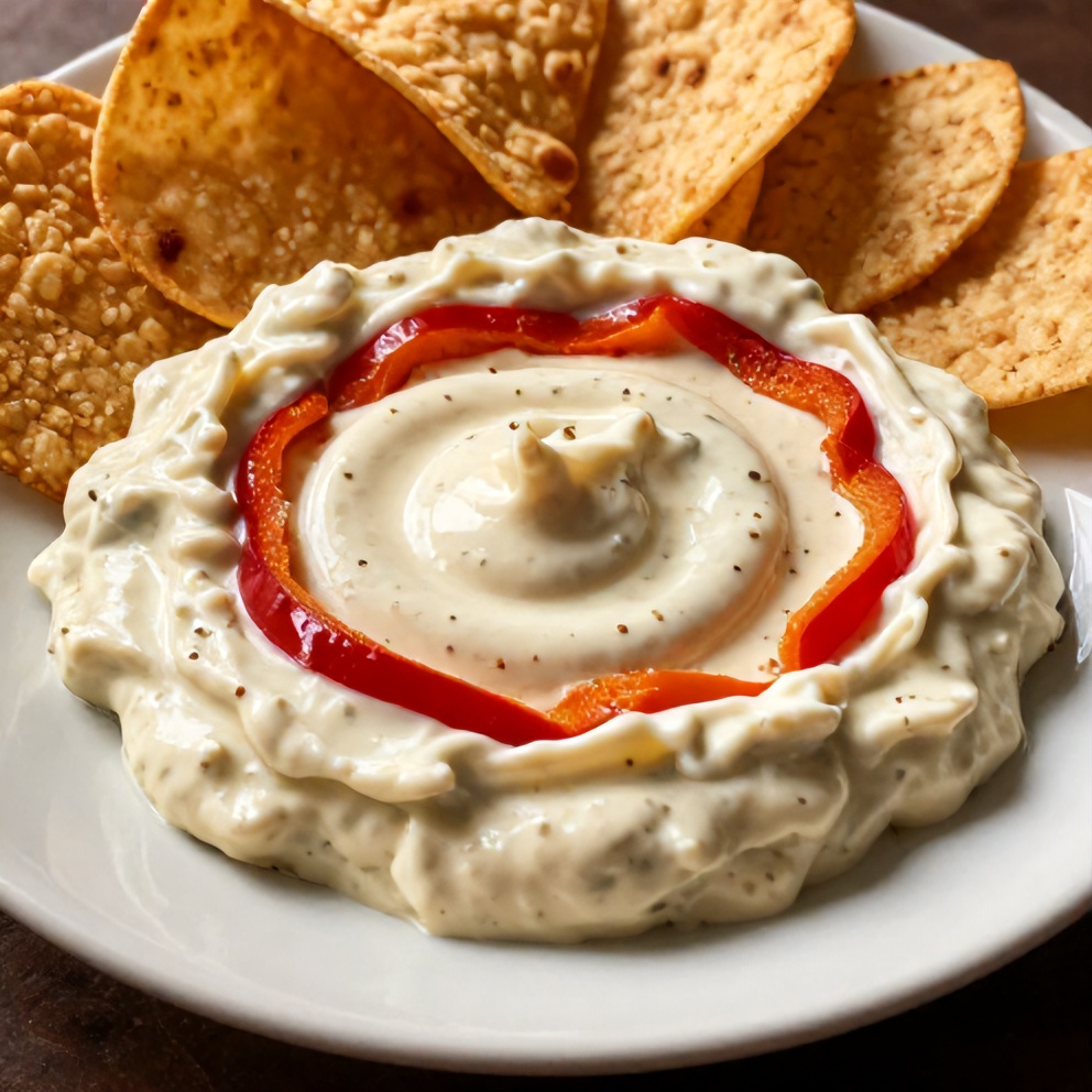 One perfect serving of Creamy Roasted Red Pepper and Garlic Dip on a white plate, surrounded by pita chips, warm side lighting showing the dip's creamy texture
