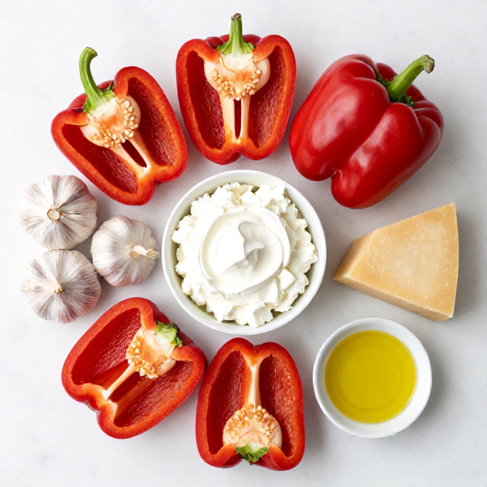 Overhead flat lay of red bell peppers, garlic cloves, cream cheese, parmesan cheese, and olive oil, on a white marble surface under bright even light