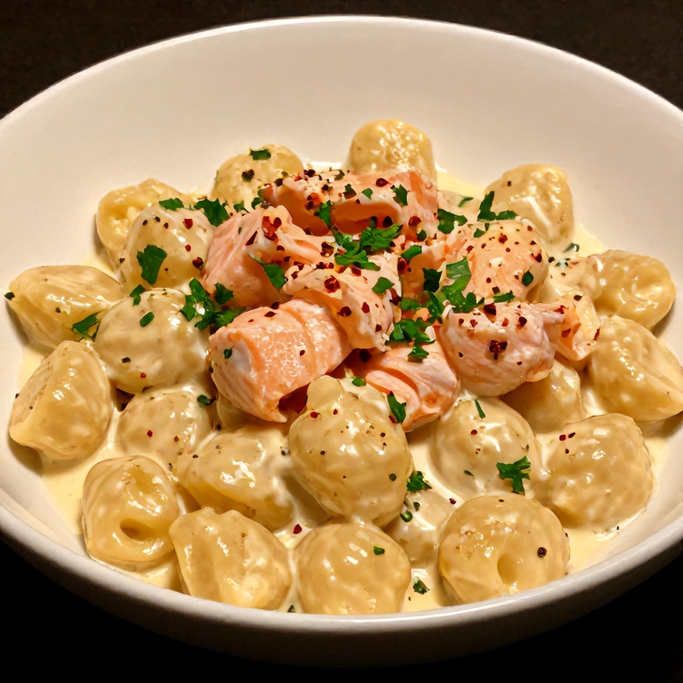 Plated creamy smoked salmon gnocchi