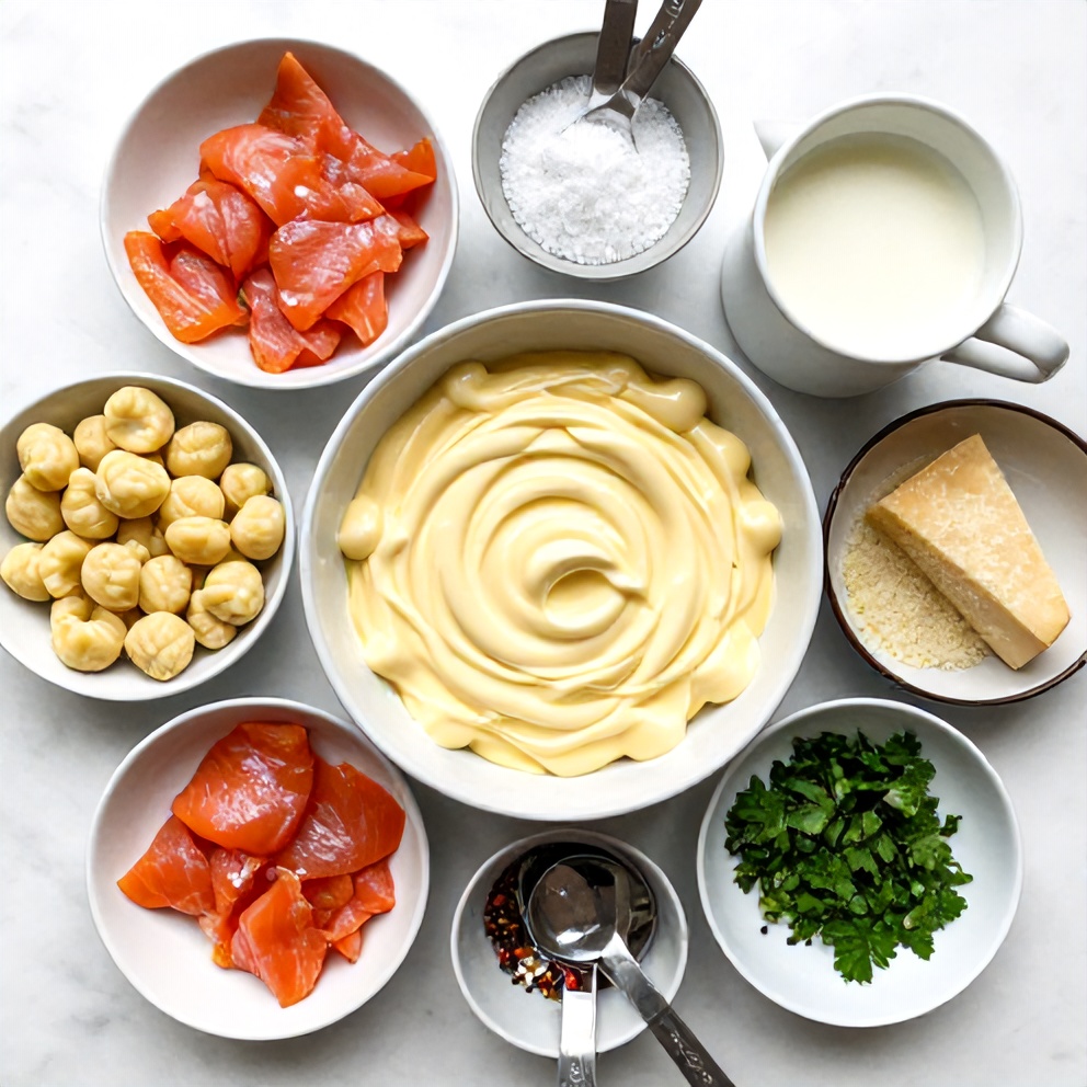 Raw ingredients for creamy smoked salmon gnocchi