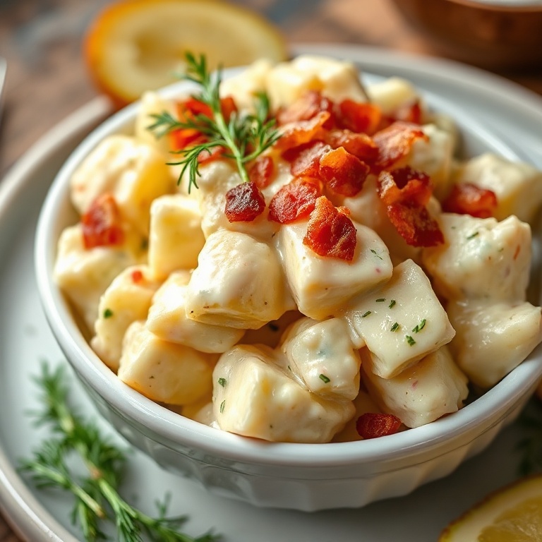 Creamy steakhouse potato salad in a shallow white ceramic bowl garnished with fresh dill and extra bacon crumbles.