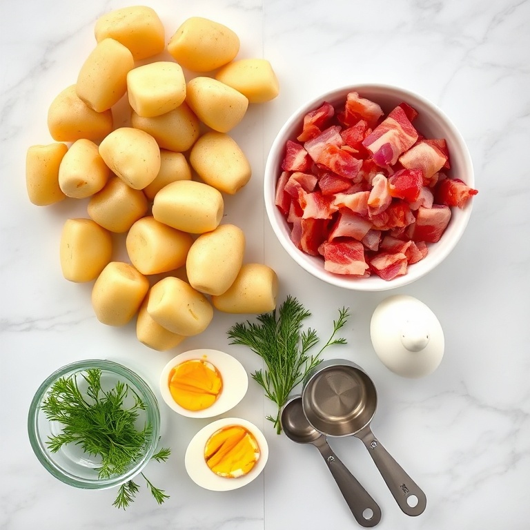 Overhead flat lay of Yukon Gold potatoes, crisp bacon strips, red onion, hard-boiled eggs, and fresh dill on white marble with stainless steel measuring cups and spoons.