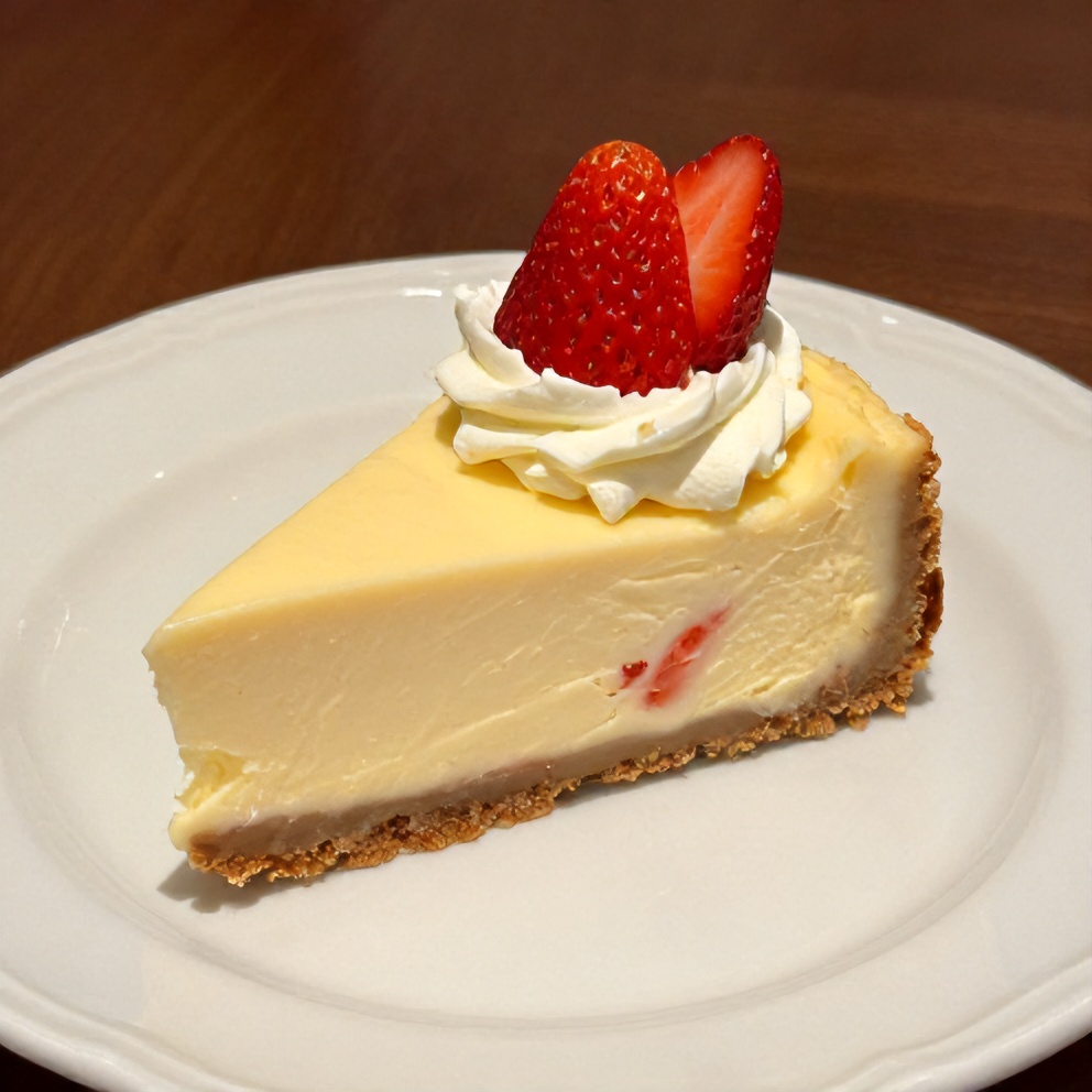 Sliced creamy strawberry swirl cheesecake on a white plate