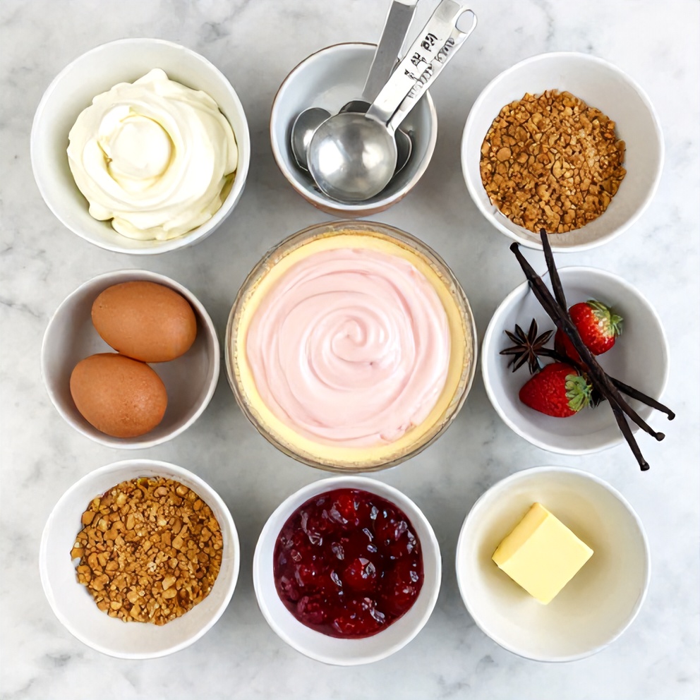 Ingredients for Creamy Strawberry Swirl Cheesecake on a marble surface