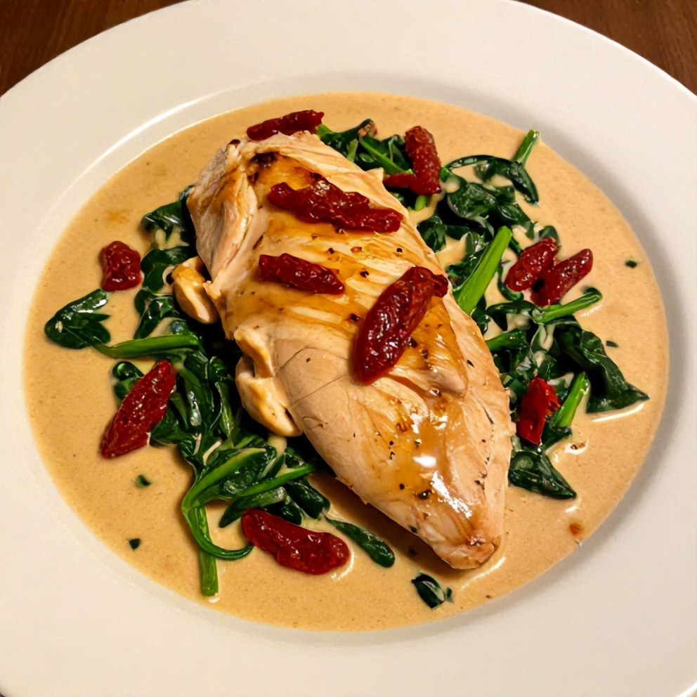 Plated Sun-Dried Tomato Chicken Skillet with Spinach