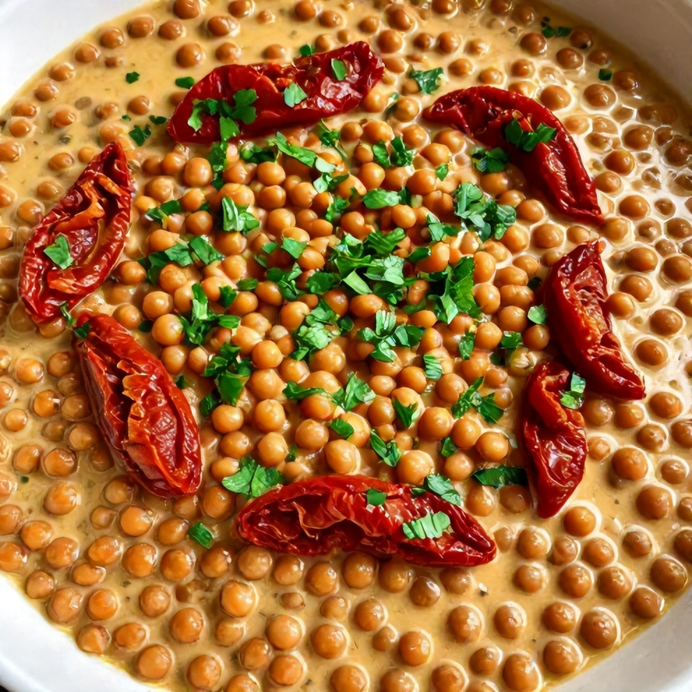 Plated creamy sundried tomato lentils with fresh parsley