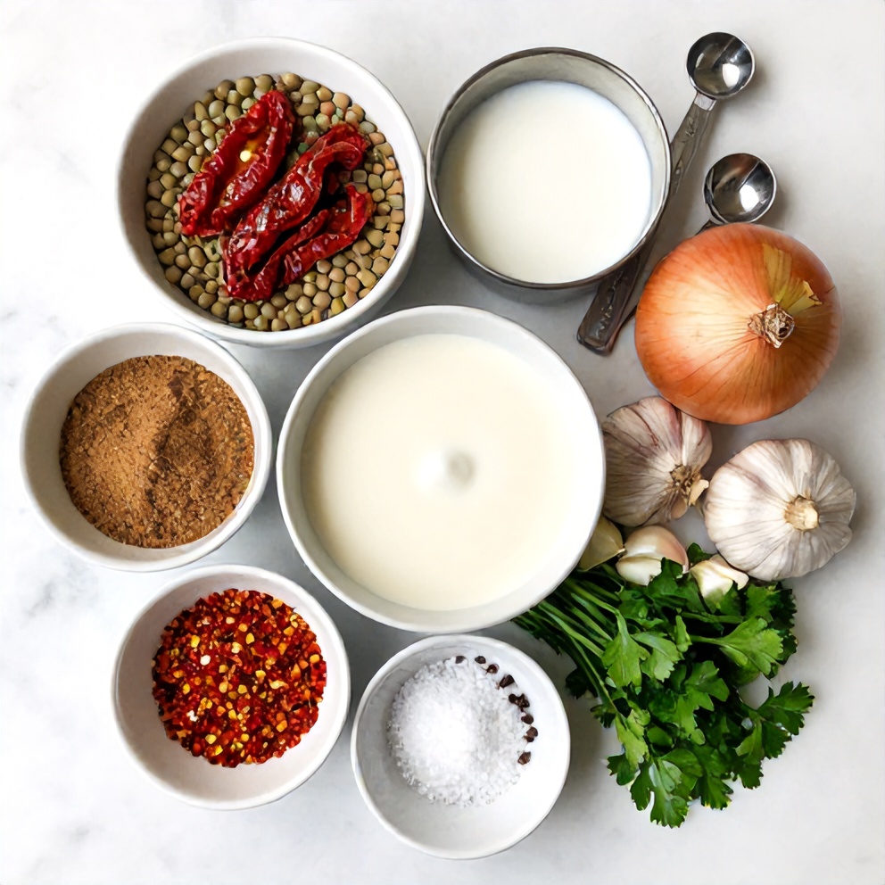 Raw ingredients for creamy sundried tomato lentils