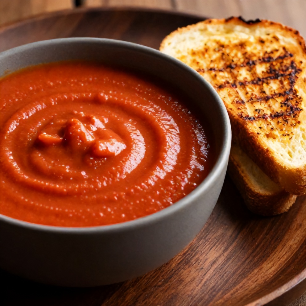 Bowl of creamy tomato soup with a side of grilled cheese