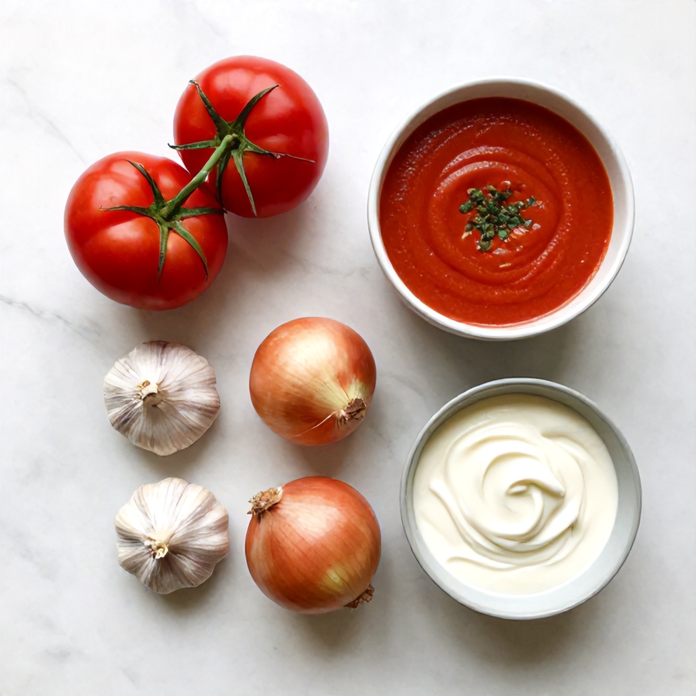 Raw ingredients for creamy tomato soup including canned tomatoes, garlic, onion, and heavy cream
