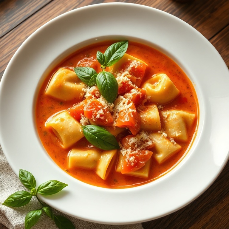 Single serving of creamy tomato tortellini soup in a wide white ceramic bowl, garnished with fresh basil leaves and grated parmesan, warm side light highlighting creamy surface texture.