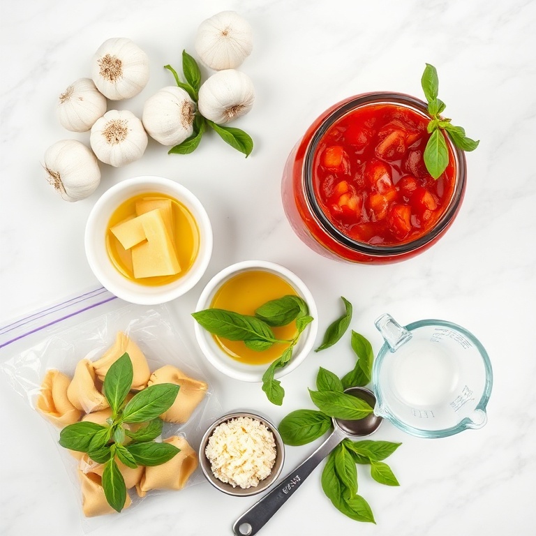 Overhead flat lay of diced tomatoes, garlic cloves, olive oil in a small glass dish, cheese tortellini in a clear bag, fresh basil leaves, grated parmesan in a small bowl, measuring spoons and cups on white marble.