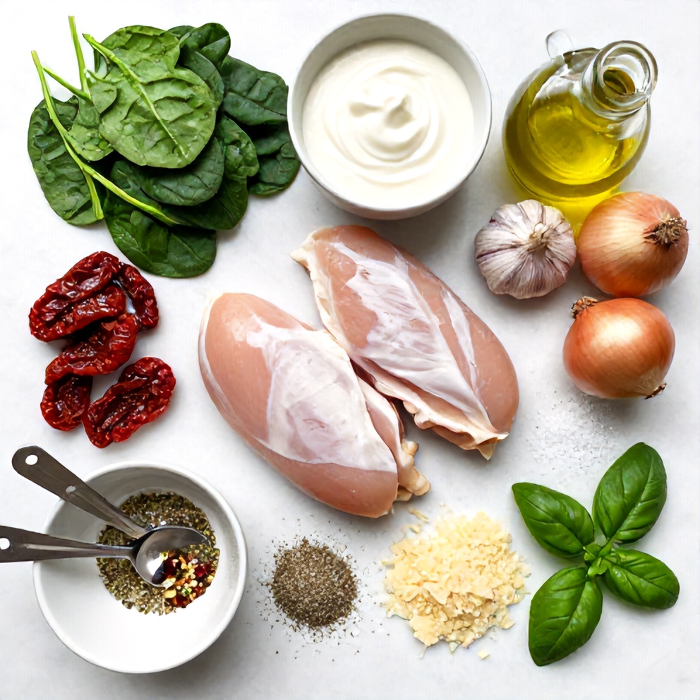 Raw ingredients for Creamy Tuscan Chicken with Spinach