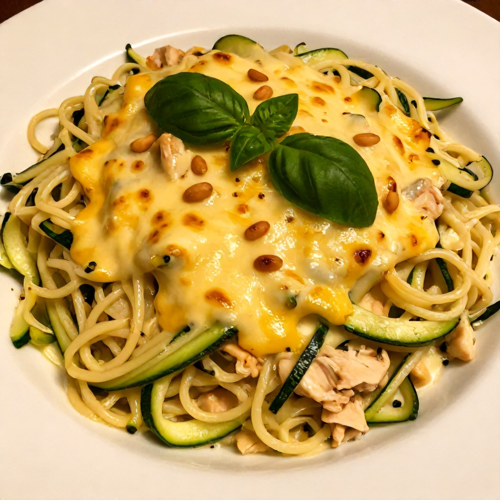 Plated Creamy Zucchini Noodle Chicken Alfredo with basil