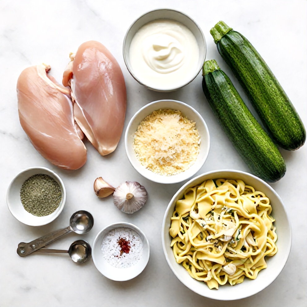 Raw ingredients for Creamy Zucchini Noodle Chicken Alfredo