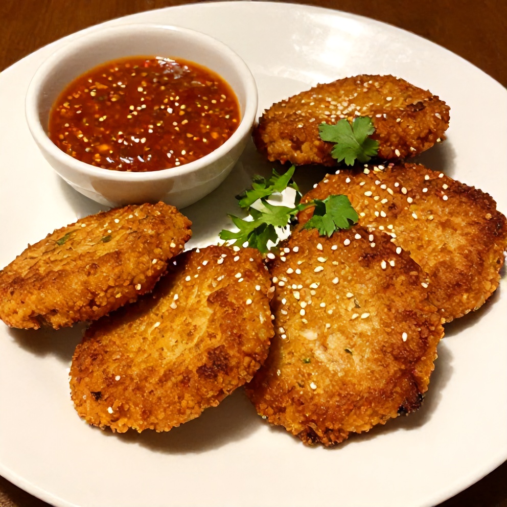 Plated Crispy Asian Tuna Cakes with Spicy Sriracha Aioli