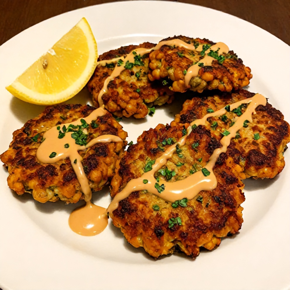 Plated chickpea patties with fresh herbs and lemon wedges