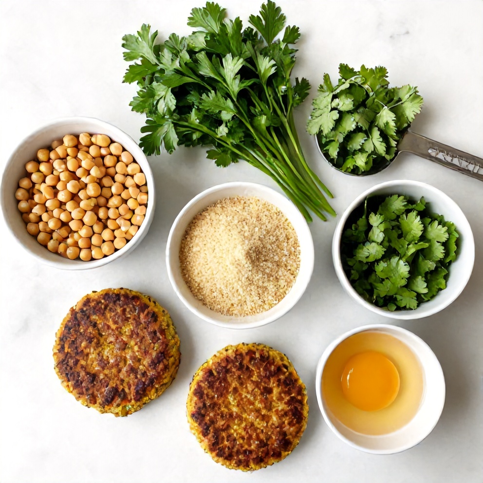 Raw ingredients for chickpea patties on a marble surface