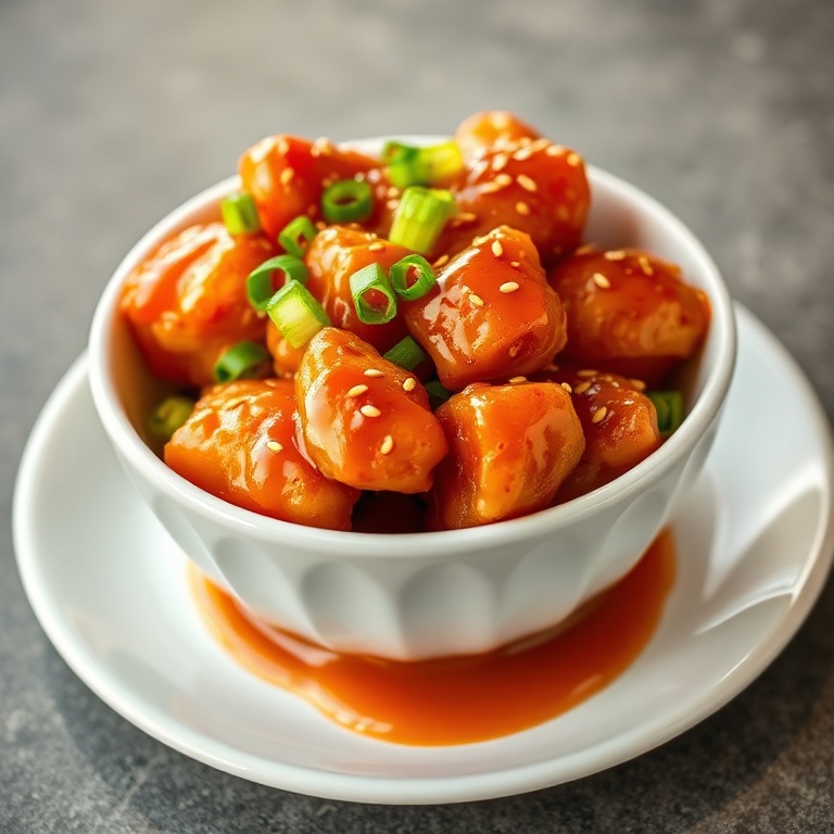 Crispy baked orange chicken plated on glazed ceramic bowl, garnished with fresh green onions and sesame seeds, glossy orange sauce pooling around golden-brown chicken, warm side lighting highlighting crisp edges