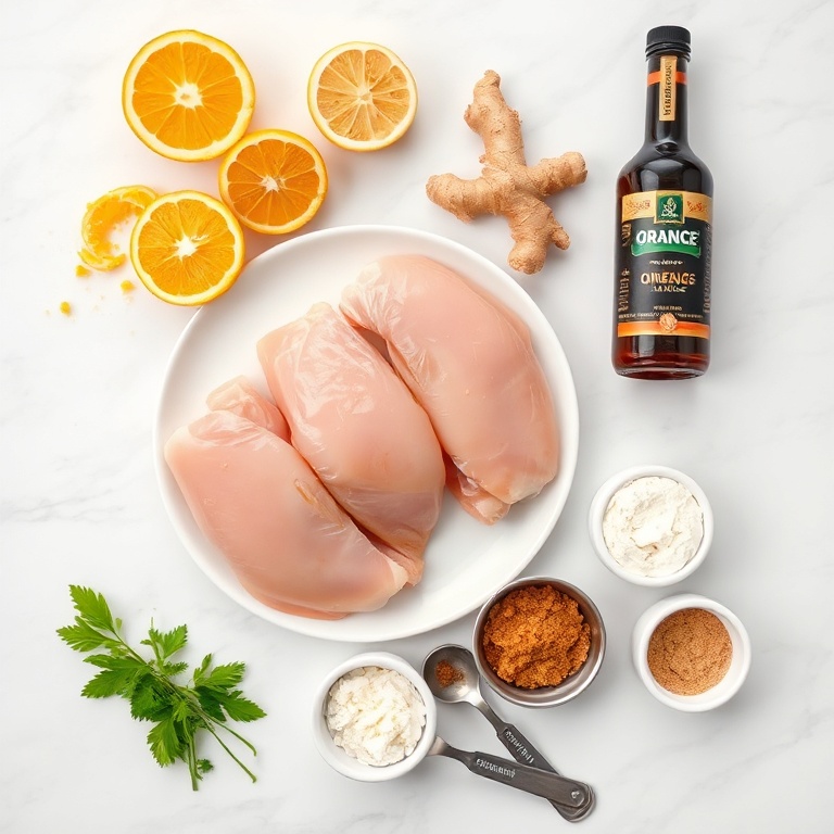 Overhead flat lay of chicken thighs, orange zest, fresh ginger, soy sauce, cornstarch, garlic cloves, sesame oil, rice vinegar, brown sugar, green onions, white marble surface with small prep bowls and measuring spoons