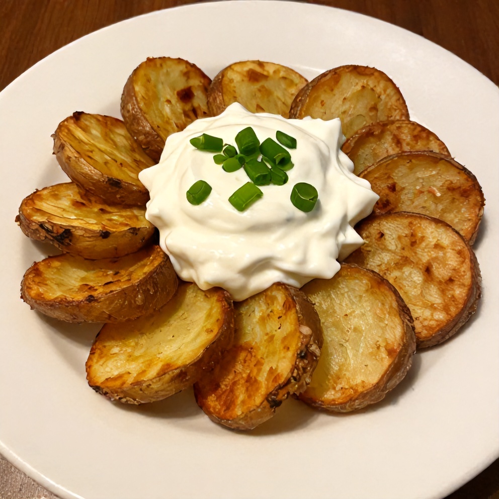 Plated crispy baked potato skins with Greek yogurt dip