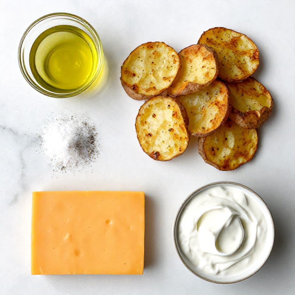 Raw ingredients for crispy baked potato skins including potatoes, olive oil, salt, pepper, cheddar cheese, and Greek yogurt