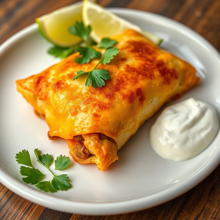 One crispy beef cheese chimichanga plated on a white ceramic plate with sour cream drizzle, fresh cilantro garnish, and lime wedge